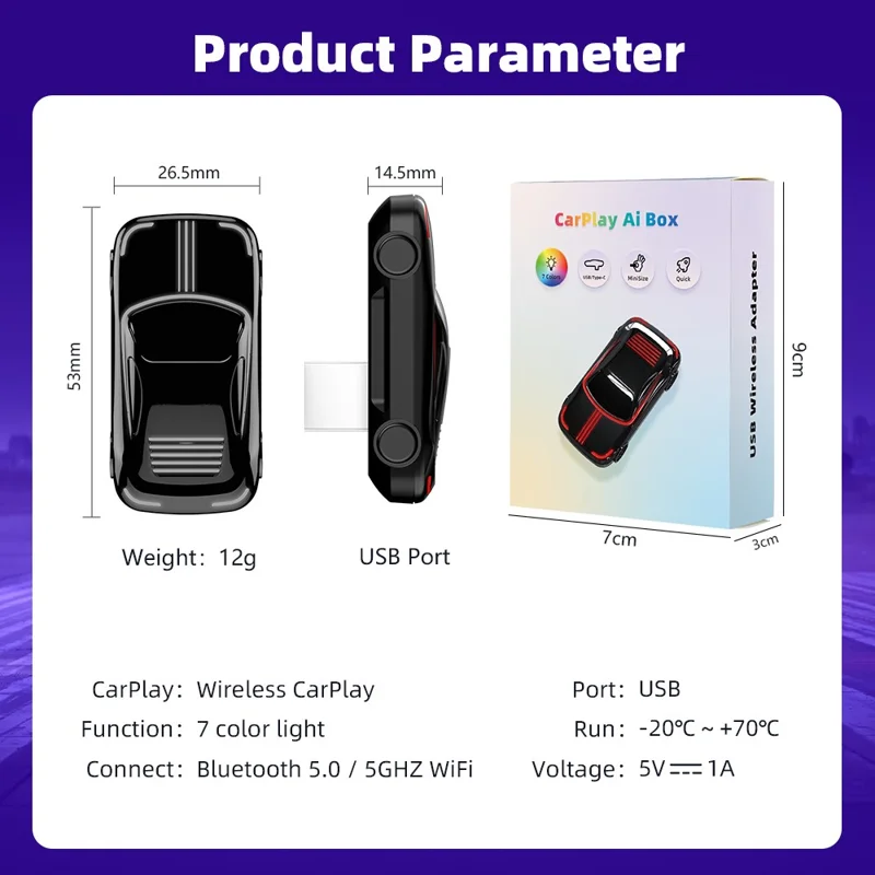 EC07Pro USB CarPlay Android Auto 2-in-1 Intelligente Box: Kabelgebundener zu Drahtlosem Auto-Konnektivitäts-Konverter mit Ambientem Licht