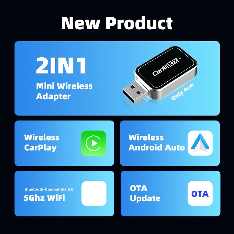EC09-SI-C Adattatore USB Mini da Cablato a Wireless CarPlay Android Auto 2 in 1 Box di Connettività per Auto - Argento