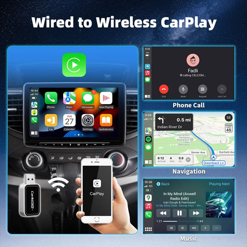 EC09-SI-C USB Mini Wired to Wireless CarPlay Android Auto Adapter 2 in 1 Car Connectivity Box - Black