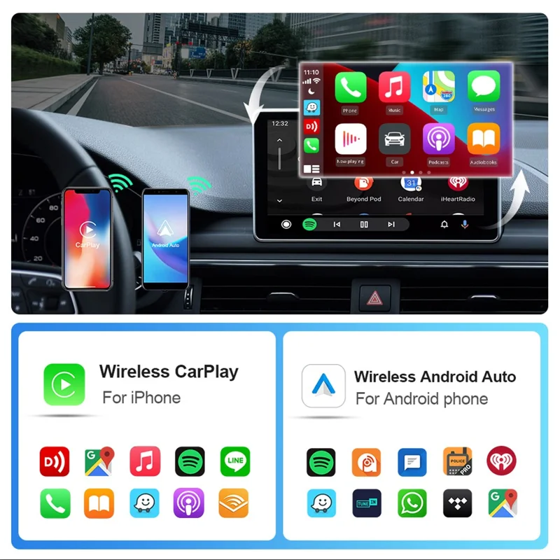 EC09-SI-C USB Mini Wired to Wireless CarPlay Android Auto Adapter 2 in 1 Car Connectivity Box - Black