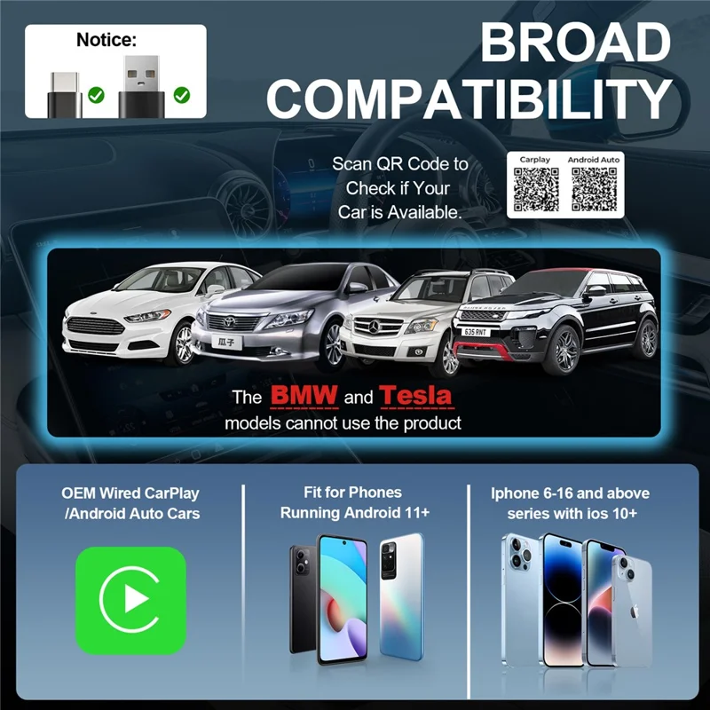 Adaptateur sans fil CarPlay Android Auto Mini Dongle USB avec Lanière 2 en 1 Boîte de Connectivité Automobile