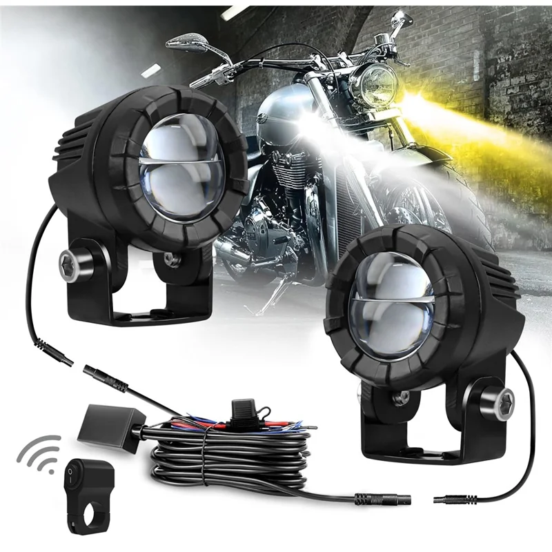SK2 2 Stück 6 Modi Dual-Objektiv Motorrad LED-Scheinwerfer mit Hoch- und Niedrigstrahlmodus und Kontrollkabel-Set