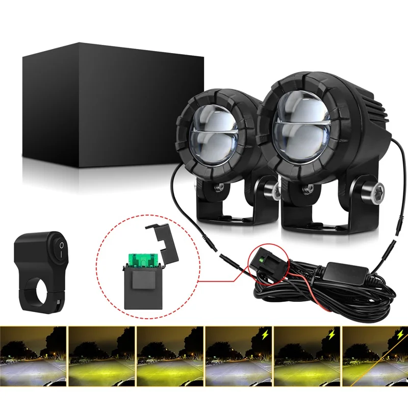SK2 2 Stück 6 Modi Dual-Objektiv Motorrad LED-Scheinwerfer mit Hoch- und Niedrigstrahlmodus und Kontrollkabel-Set