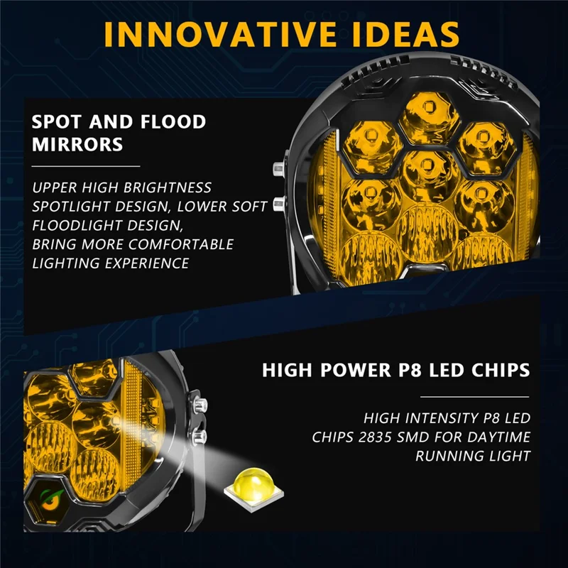 E7 Plus 1 Unidad Luz Diurna de 7 Pulgadas para Coche con Faro Lateral Intermitente, Resistente al Agua, Faro LED para Motocicleta - Luz Amarilla