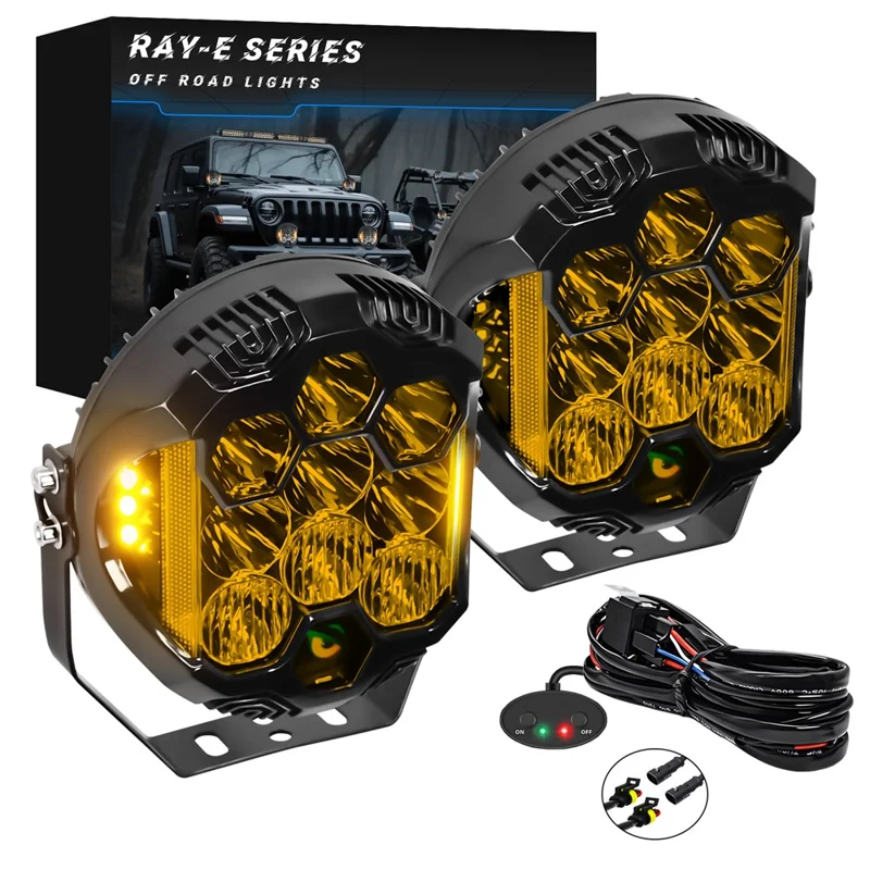 E7 Plus 2 Stück 7 Zoll Auto Tagfahrlicht Seitliche Blinkscheinwerfer Wasserdicht Motorrad LED-Scheinwerfer - Gelbes Licht