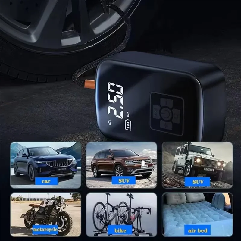 Inflador de neumáticos de coche de 100 W y 150 PSI, compresor de aire eléctrico portátil con pantalla digital para motocicleta / bicicleta / balón