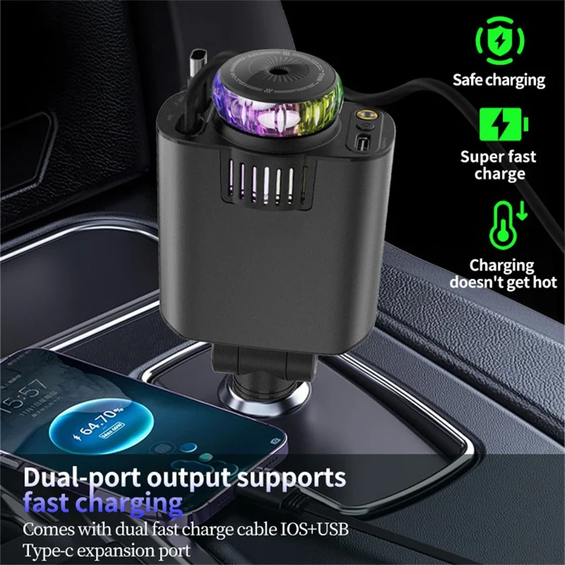 D1 Purple Light Multifunction PD 45W Car Charger with iP  /  Type C Retractable Cable Star Projector Aromatherapy Diffuser