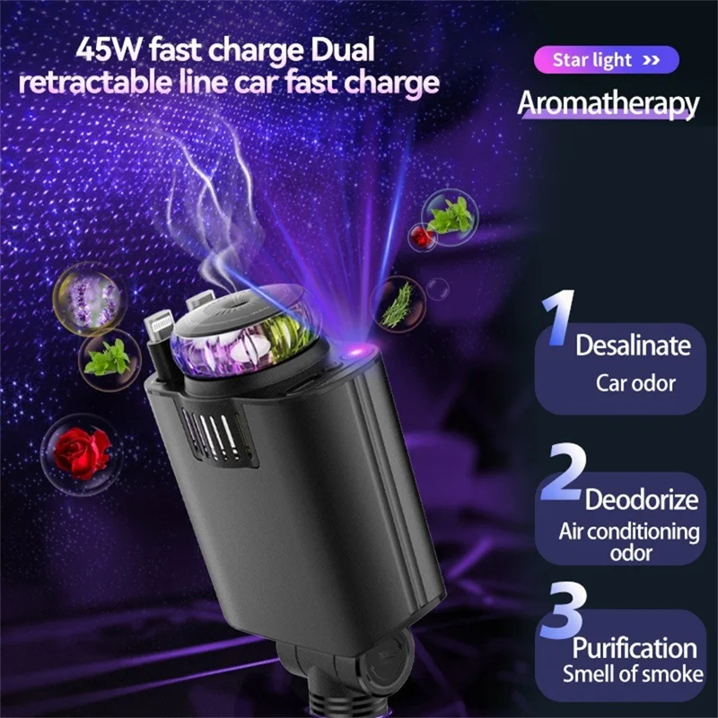 D1 Purple Light Multifunction PD 45W Car Charger with iP  /  Type C Retractable Cable Star Projector Aromatherapy Diffuser