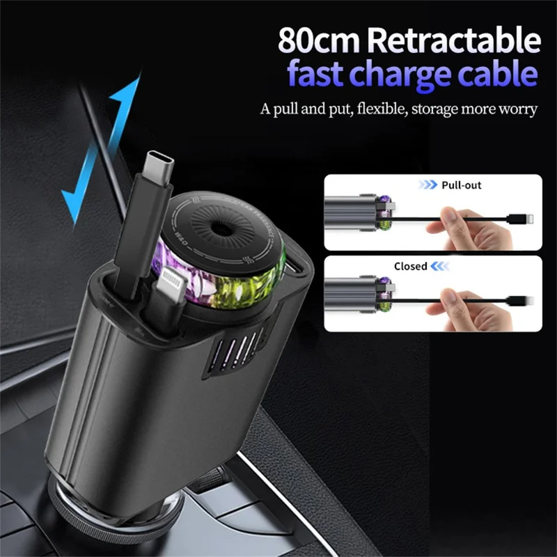 D1 Purple Light Multifunction PD 45W Car Charger with iP  /  Type C Retractable Cable Star Projector Aromatherapy Diffuser