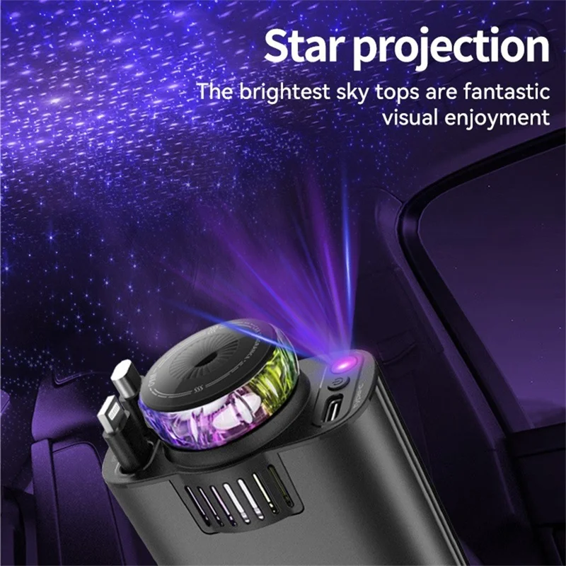 D1 Purple Light Multifunction PD 45W Car Charger with iP  /  Type C Retractable Cable Star Projector Aromatherapy Diffuser