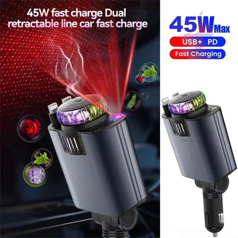 D1 Red Light Multifunction PD 45W Car Charger with iP  /  Type C Retractable Cable Star Projector Aromatherapy Diffuser