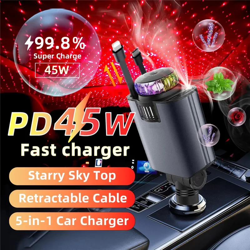 D1 Red Light Multifunction PD 45W Car Charger with iP  /  Type C Retractable Cable Star Projector Aromatherapy Diffuser