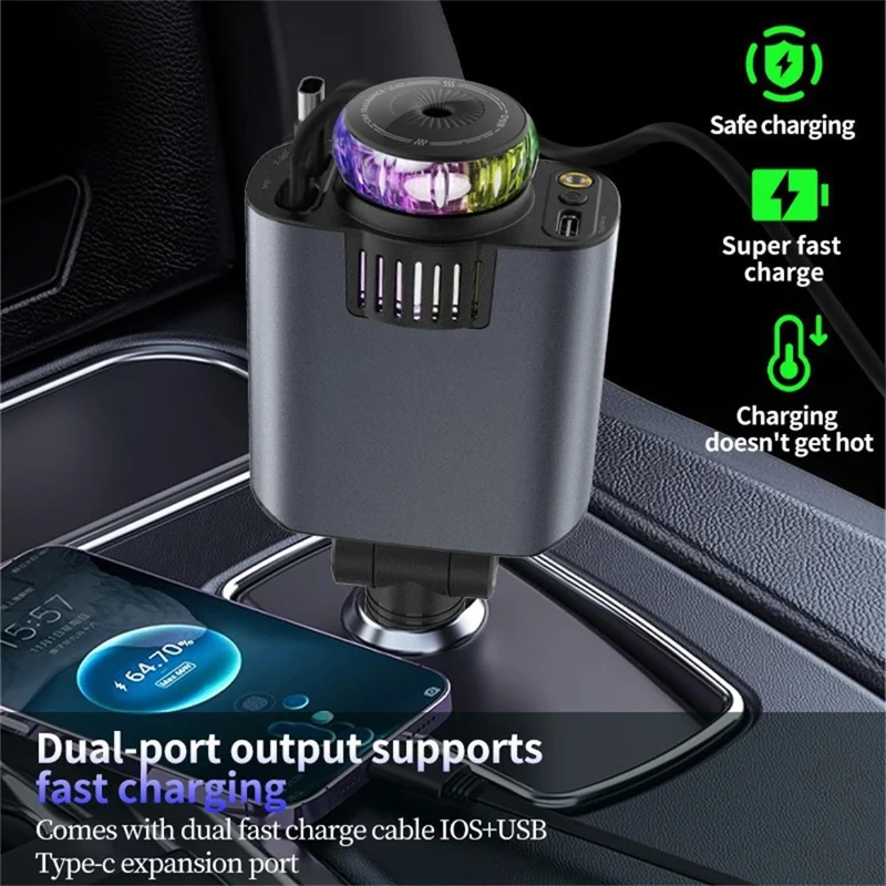 D1 Red Light Multifunction PD 45W Car Charger with iP  /  Type C Retractable Cable Star Projector Aromatherapy Diffuser