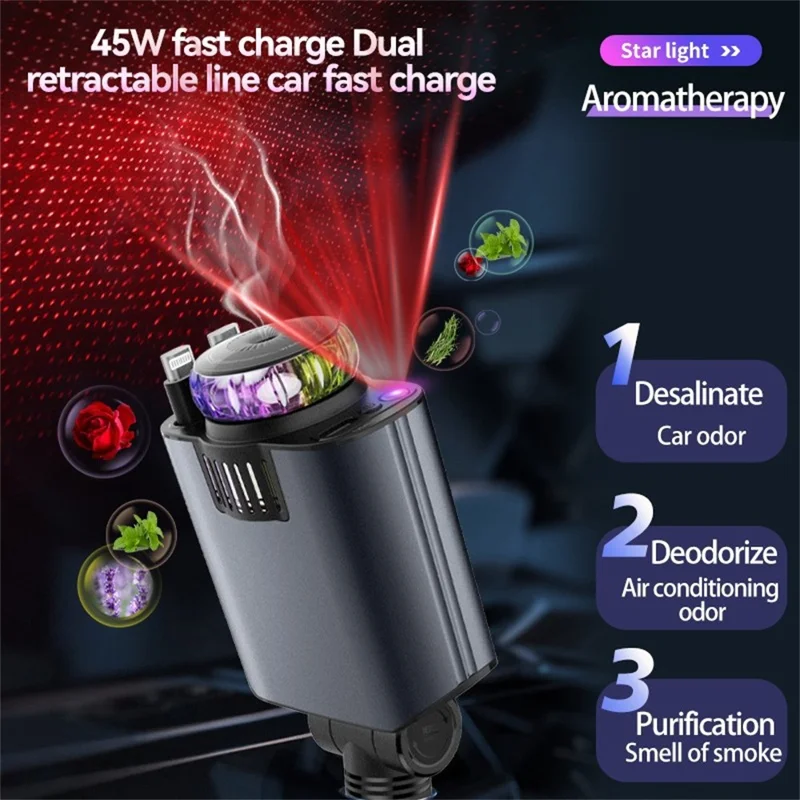 D1 Red Light Multifunction PD 45W Car Charger with iP  /  Type C Retractable Cable Star Projector Aromatherapy Diffuser