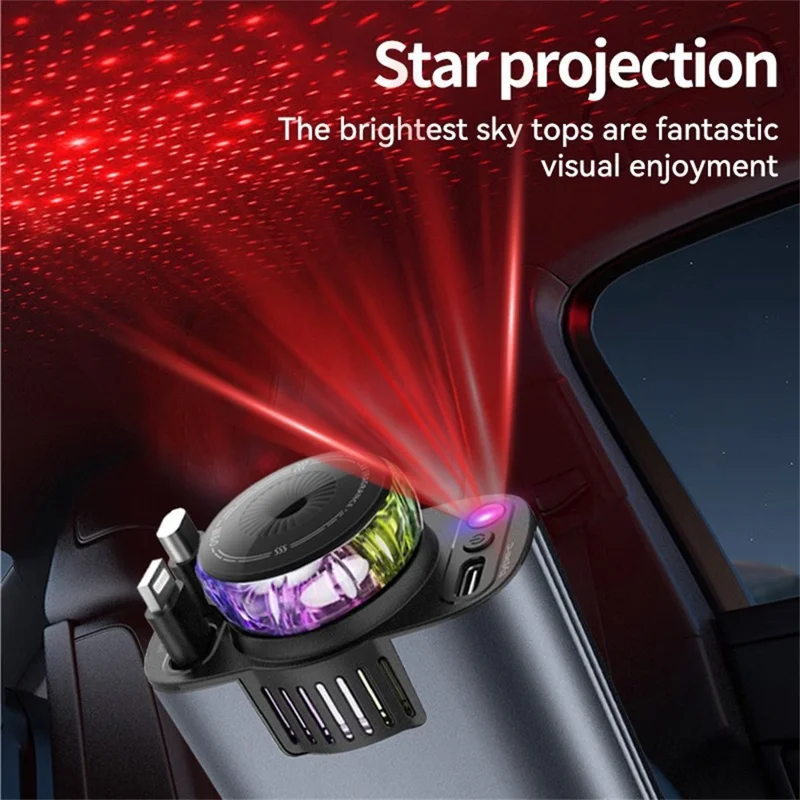 D1 Red Light Multifunction PD 45W Car Charger with iP  /  Type C Retractable Cable Star Projector Aromatherapy Diffuser