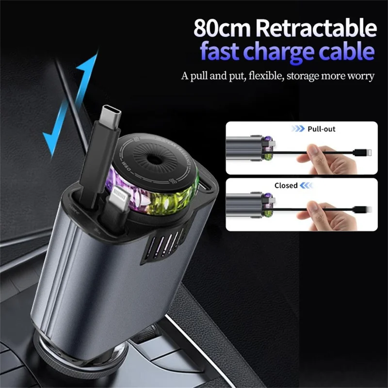 D1 Red Light Multifunction PD 45W Car Charger with iP  /  Type C Retractable Cable Star Projector Aromatherapy Diffuser