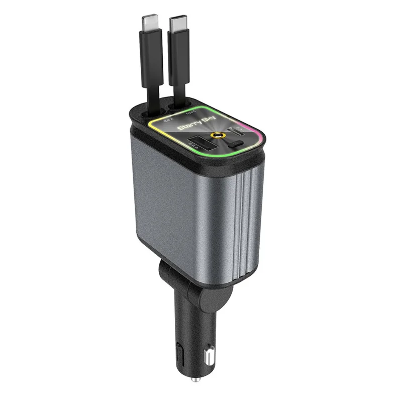 Multifunctional 4 in 1 Voltage Display Car Charger with Dual Retractable Cables Star Projector - iP + Type C