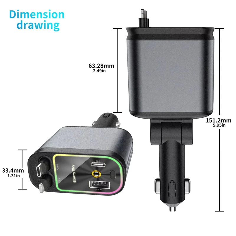 Multifunctional 4 in 1 Voltage Display Car Charger with Dual Retractable Cables Star Projector - iP + Type C
