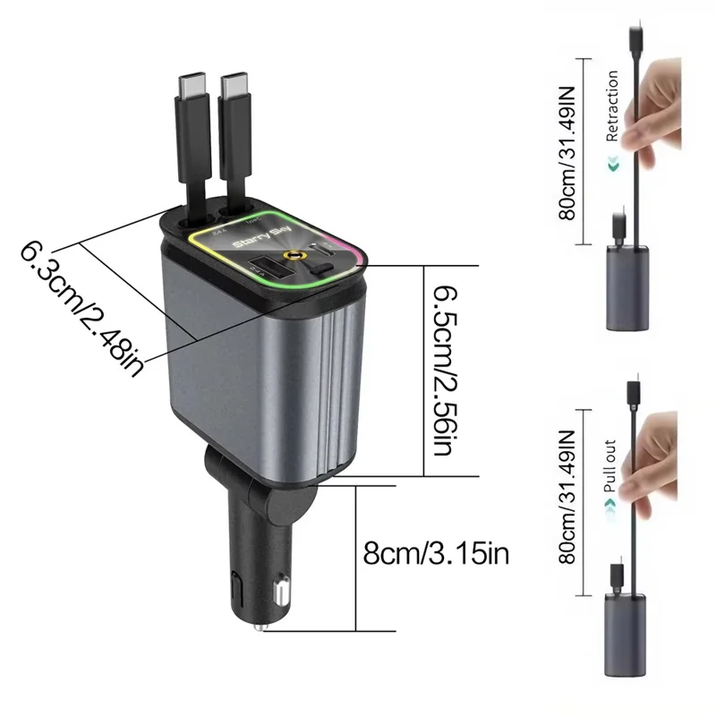 Multifunctional 4 in 1 Voltage Display Car Charger with Dual Retractable Cables Star Projector - iP + Type C
