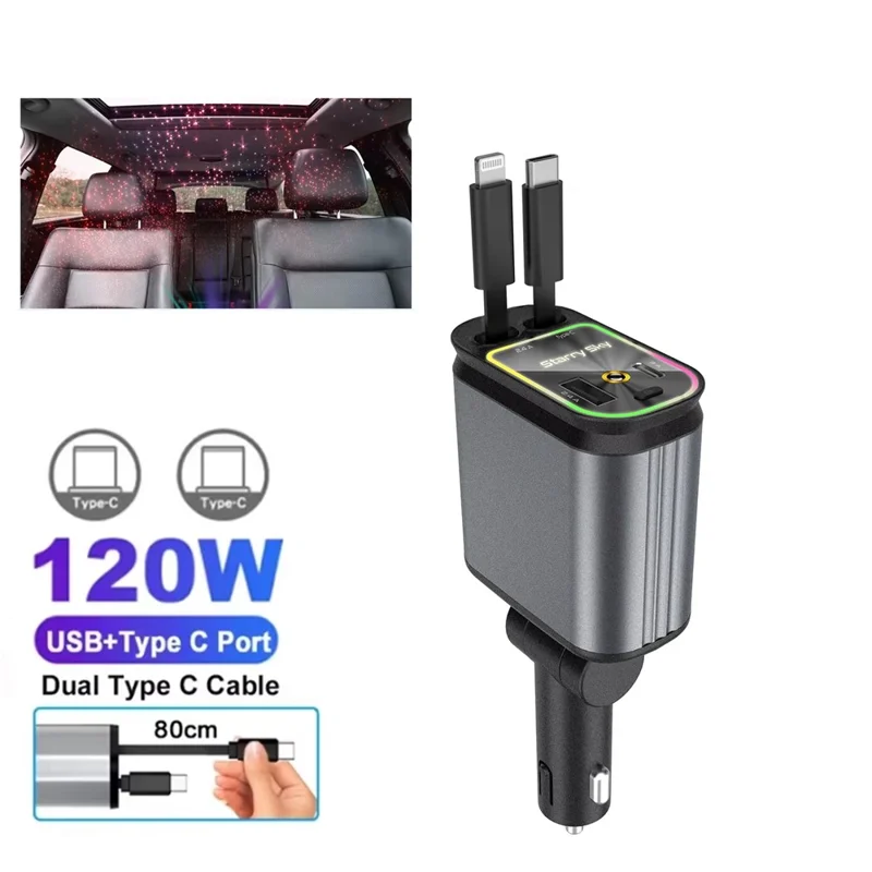 Multifunctional 4 in 1 Voltage Display Car Charger with Dual Retractable Cables Star Projector - iP + Type C