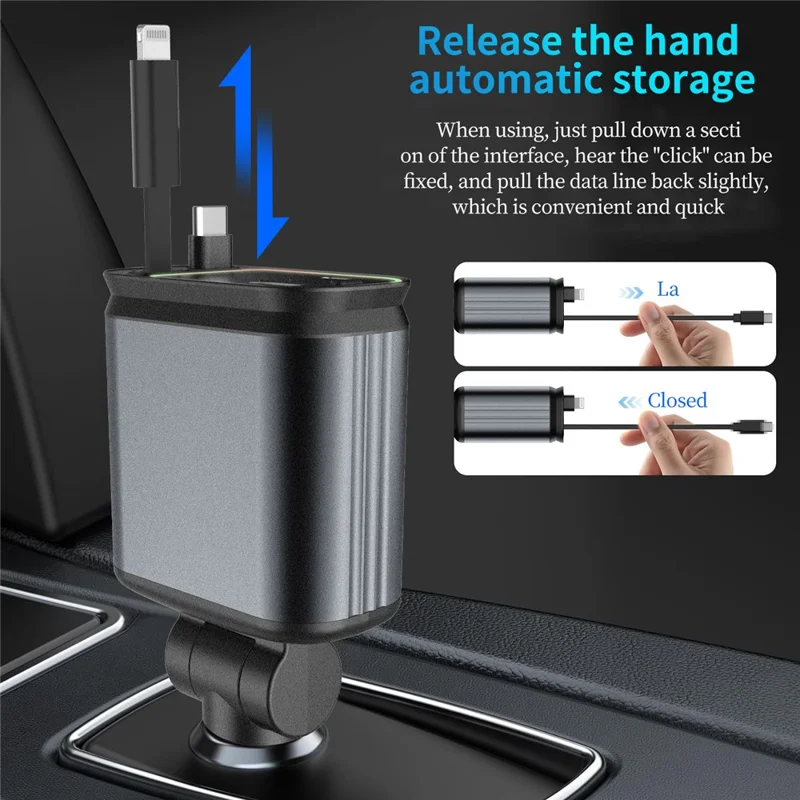 Multifunctional 4 in 1 Voltage Display Car Charger with Dual Retractable Cables Star Projector - iP + Type C