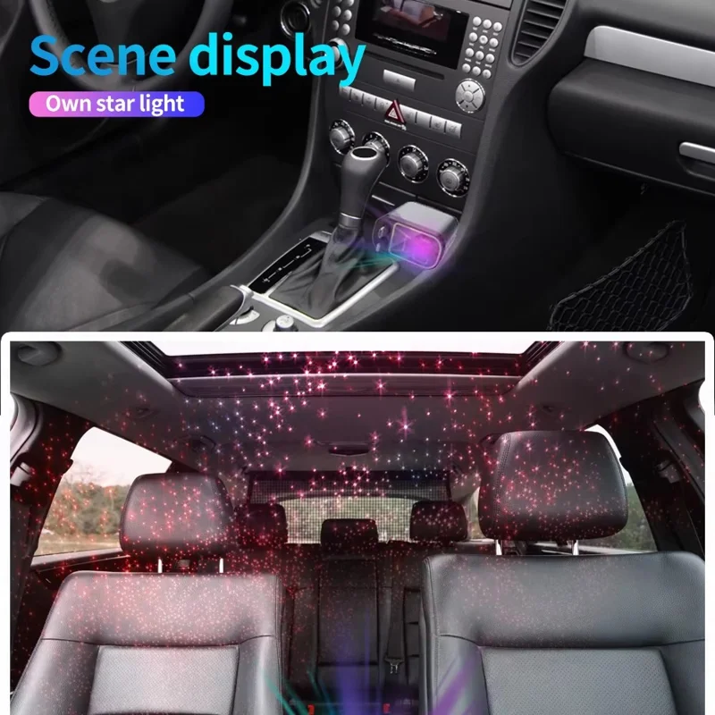 Multifunctional 4 in 1 Voltage Display Car Charger with Dual Retractable Cables Star Projector - iP + Type C