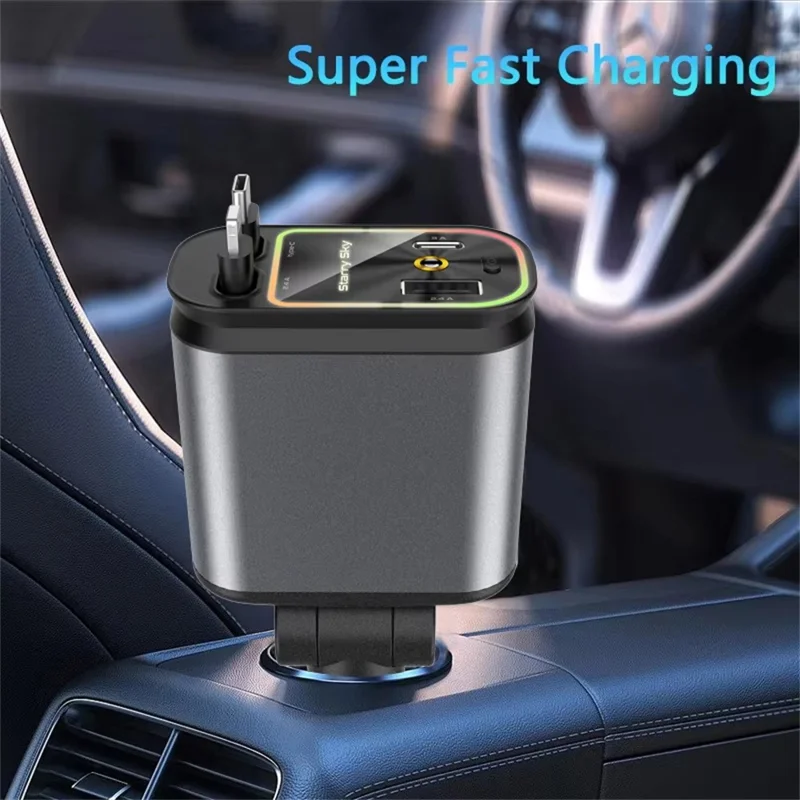 Multifunctional 4 in 1 Voltage Display Car Charger with Dual Retractable Cables Star Projector - iP + Type C