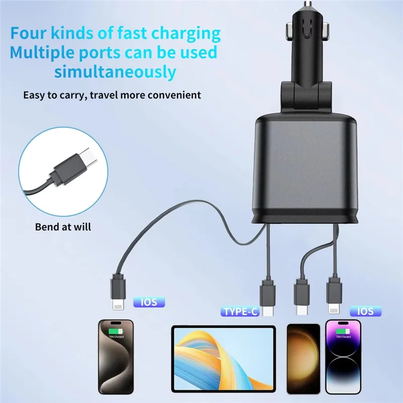 Multifunctional 4 in 1 Voltage Display Car Charger with Dual Retractable Cables Star Projector - iP + Type C