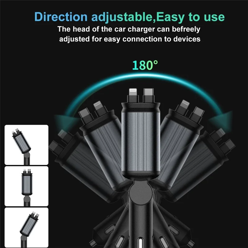 Multifunctional 4 in 1 Voltage Display Car Charger with Dual Retractable Cables Star Projector - iP + Type C