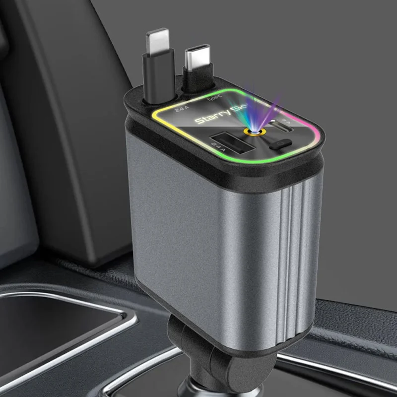 Multifunctional 4 in 1 Voltage Display Car Charger with Dual Retractable Cables Star Projector - iP + Type C