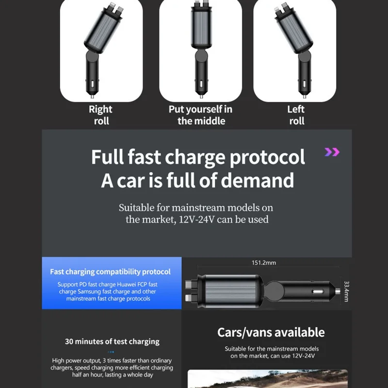 Multifunctional 4 in 1 Voltage Display Car Charger with Dual Retractable Cables Star Projector - iP + Type C