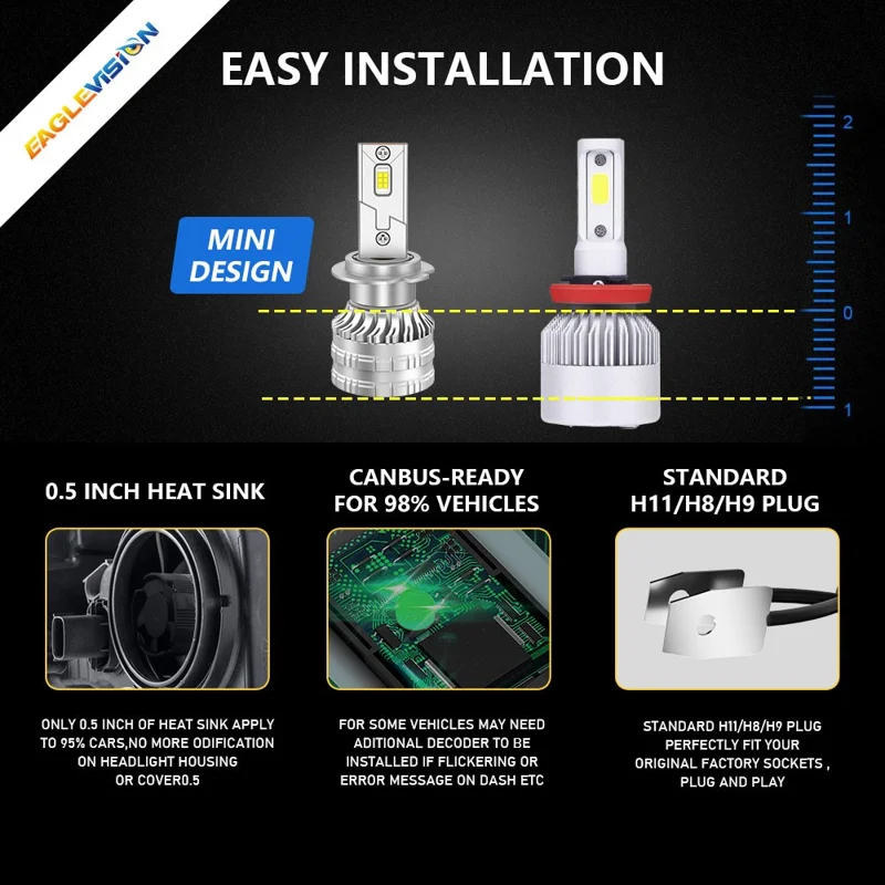 K9S 1 Par de Bombillas LED H7 para Faros 6000K IP68 Impermeables de Aleación de Aluminio para Faros de Coche