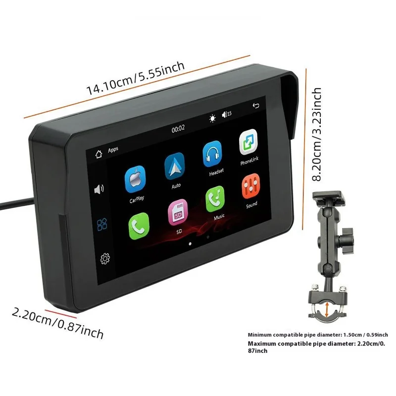 B5354 5 Inch TFT Screen Motorcycle Portable MP5 Player IP65 Waterproof Dual Bluetooth-compatible Wireless CarPlay