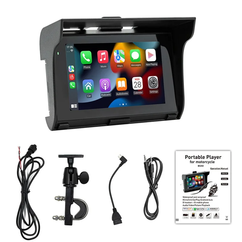 B5350 5 Inch Touch Screen Motorcycle MP5 Player Waterproof Bluetooth-compatible Dash Cam Wireless CarPlay