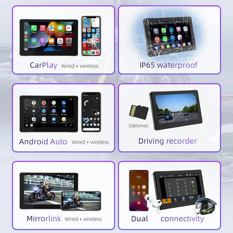 B5351 7 Inch HD IPS Screen Waterproof Motorcycle Dash Cam Dual Bluetooth-compatible CarPlay MP5 Player for Android iOS