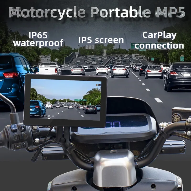 B5351 7 Inch HD IPS Screen Waterproof Motorcycle Dash Cam Dual Bluetooth-compatible CarPlay MP5 Player for Android iOS