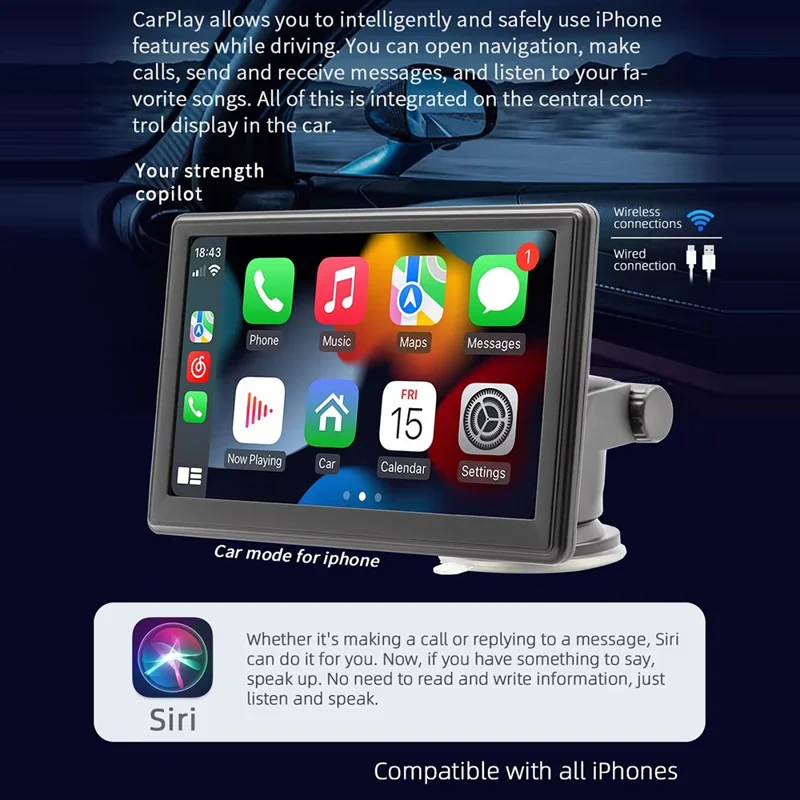B500W 7 Inch Smart Voice Control Wireless CarPlay MP5 Player FM Transmitter with AHD Function (No Camera)