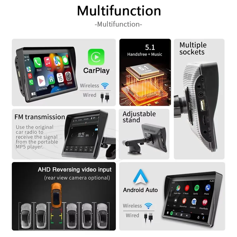 B600A 7 Inch Portable Wireless CarPlay with AHD Function Multiple Media Support Car MP5 Player (No Camera)