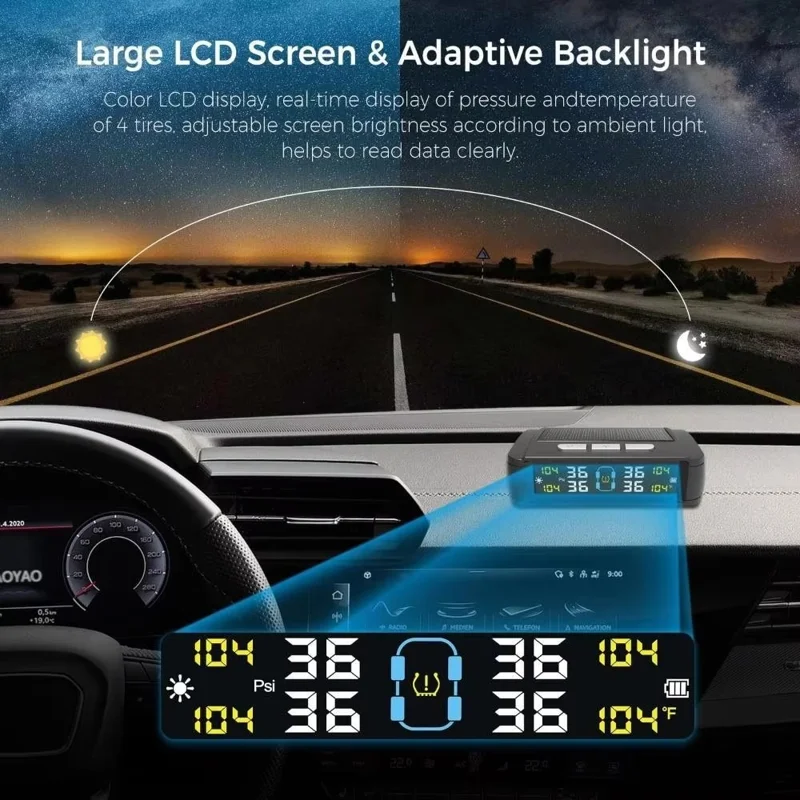 Sistema de Monitoreo de Presión de Neumáticos T11 con Versión de Voz, Alimentación Solar / USB, Visualización en Tiempo Real con 4 Sensores Externos