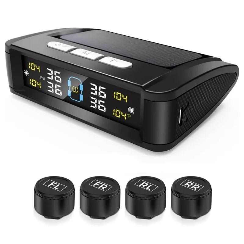 Sistema de Monitoreo de Presión de Neumáticos T11 Versión Beep con Visualización en Tiempo Real, Alimentación Solar / USB y 4 Sensores Externos