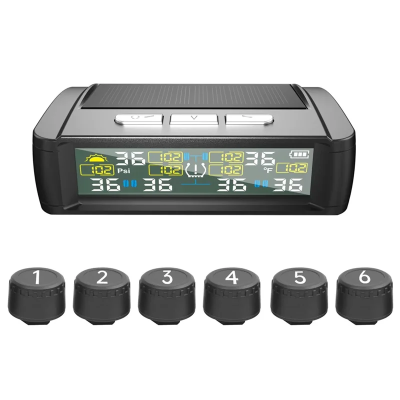 T11 Solar Powered TPMS Tire Pressure Monitor Support 144 PSI Tire Temperature Alarm System with 6 External Sensors