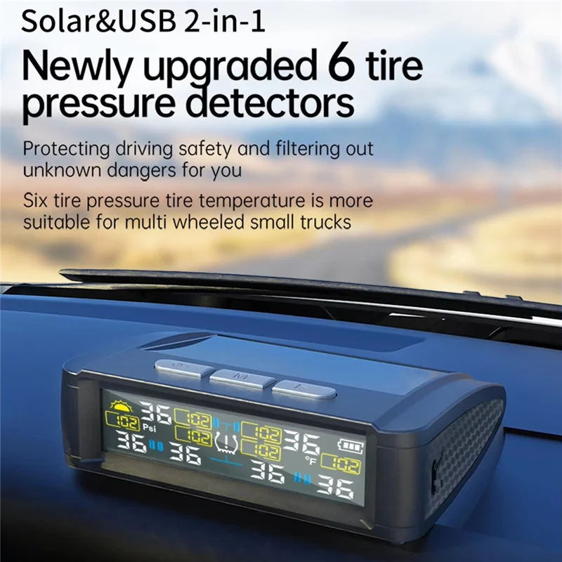 T11 Solar Powered TPMS Tire Pressure Monitor Support 144 PSI Tire Temperature Alarm System with 6 External Sensors
