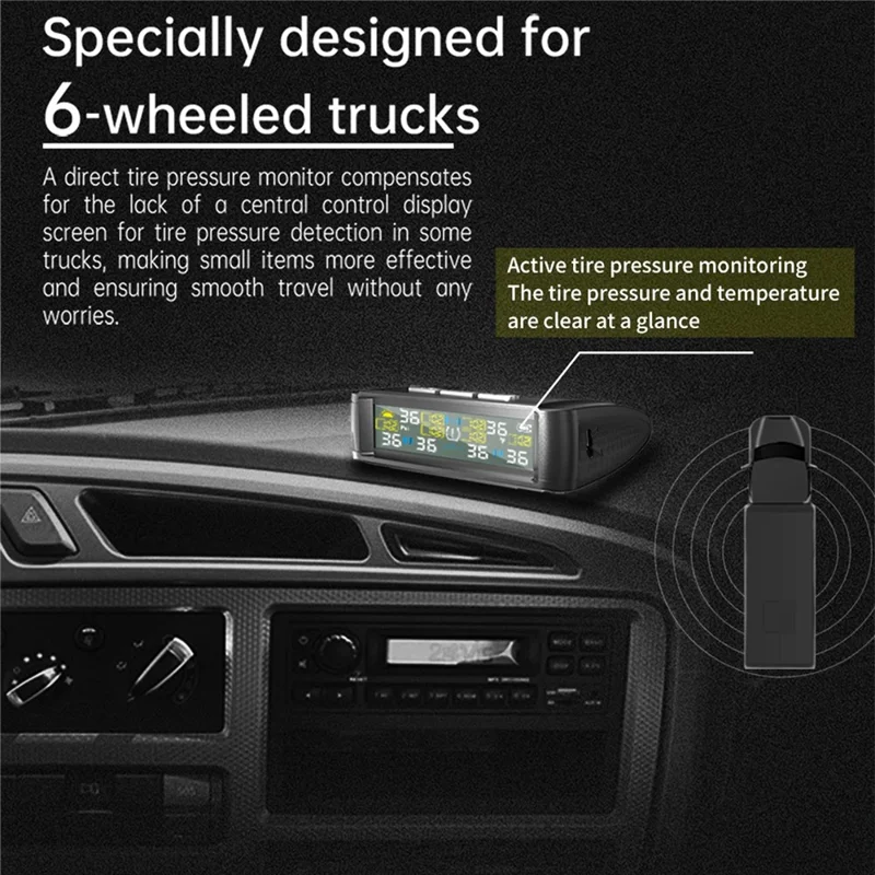T11 Solar Powered TPMS Tire Pressure Monitor Support 144 PSI Tire Temperature Alarm System with 6 External Sensors