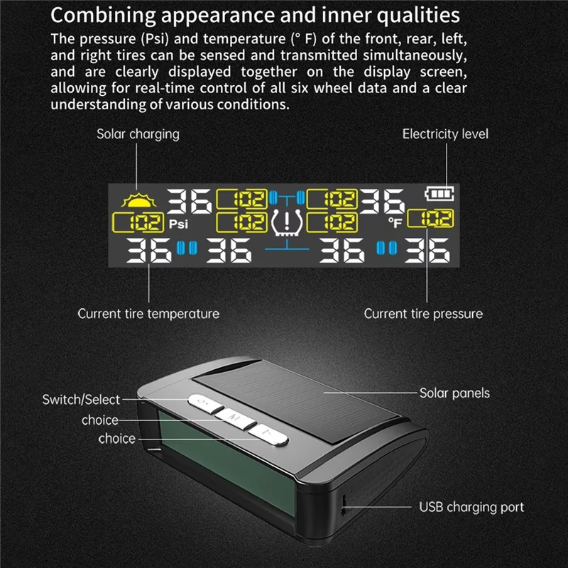 T11 Solar Powered TPMS Tire Pressure Monitor Support 144 PSI Tire Temperature Alarm System with 6 External Sensors