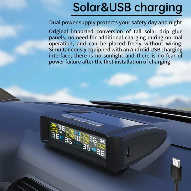 T11 Solar Powered TPMS Tire Pressure Monitor Support 144 PSI Tire Temperature Alarm System with 6 External Sensors
