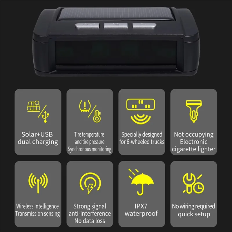 T11 Solar Powered TPMS Tire Pressure Monitor Support 144 PSI Tire Temperature Alarm System with 6 External Sensors