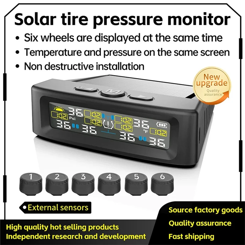 T12 6 Tires TPMS for RV Truck 0-144 PSI Car Tire Pressure Monitoring System, with 6 External Sensors