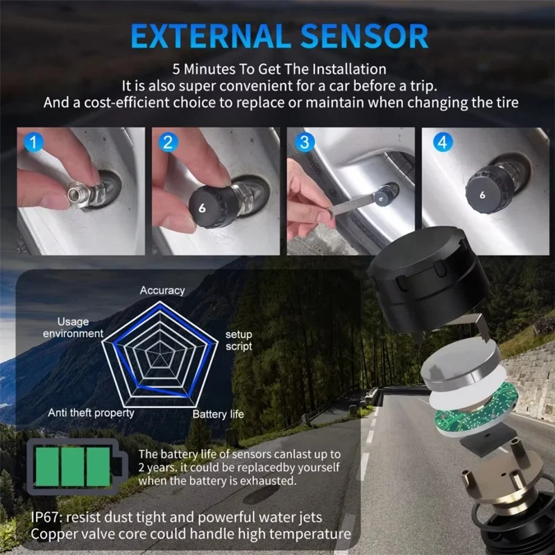 T12 6 Tires TPMS for RV Truck 0-144 PSI Car Tire Pressure Monitoring System, with 6 External Sensors