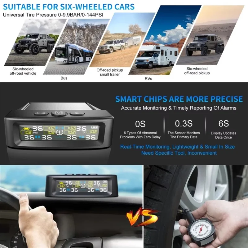 T12 6 Tires TPMS for RV Truck 0-144 PSI Car Tire Pressure Monitoring System, with 6 External Sensors