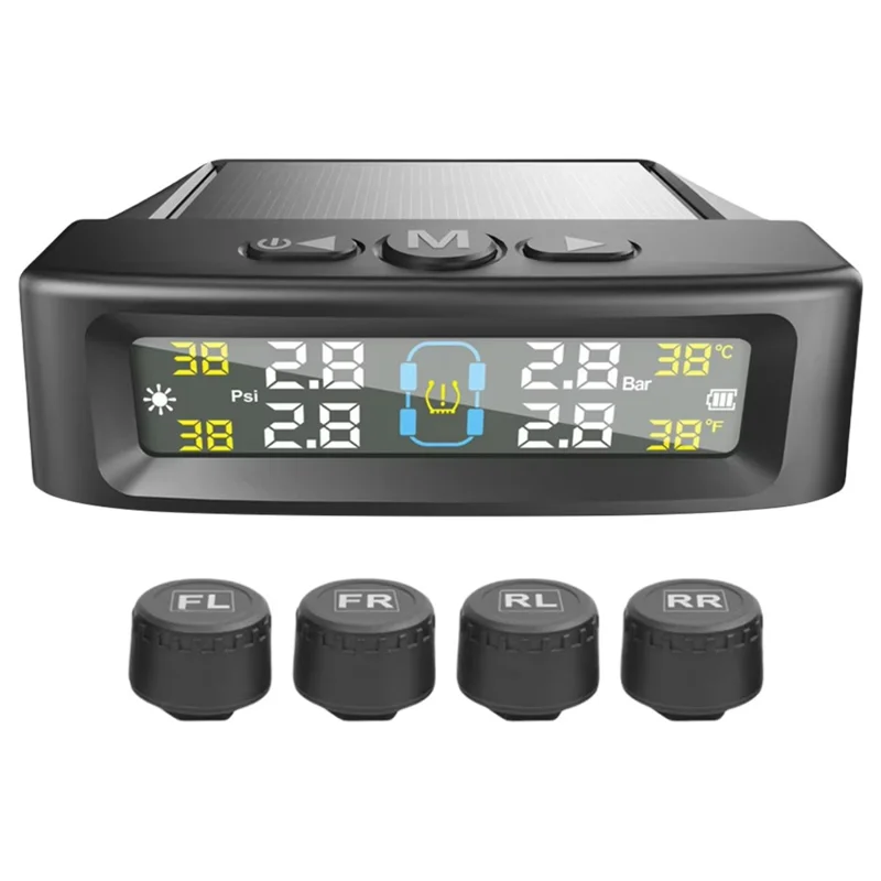 Système de surveillance de la pression des pneus T12 TPMS pour voitures avec affichage en temps réel, charge solaire / USB et 4 capteurs externes